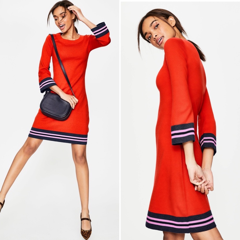 Boden Red Long-Sleeve Knit Dress with Striped Trim